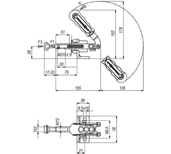 Плунжерный зажим KUKAMET с кронштейном до 265 кг 511-7-Y