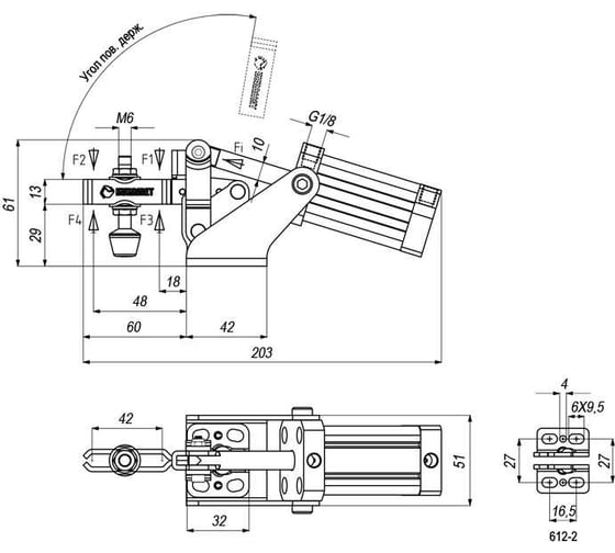 Прижим пневматический горизонтальный KUKAMET до 140 кг 612-2