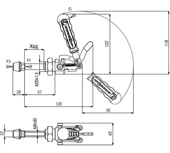 Плунжерный зажим KUKAMET со стопором до 550 кг 513-3-L