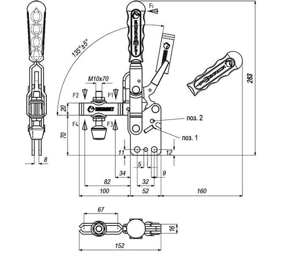 Вертикальный прижим KUKAMET со стопором до 337 кг B212-4-L