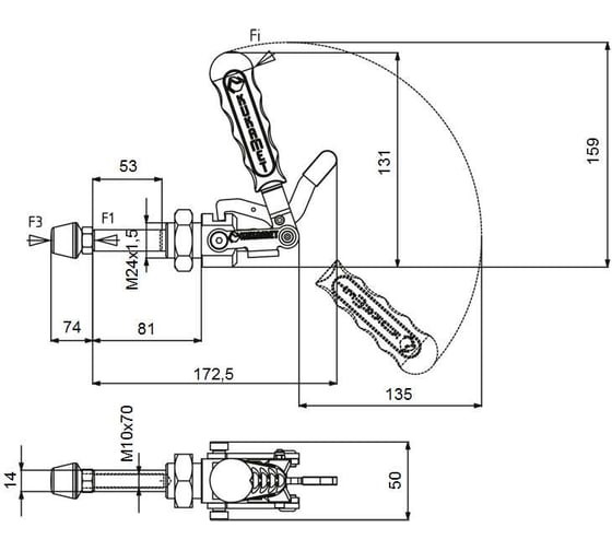 Плунжерный зажим KUKAMET со стопором до 750 кг 513-5-L