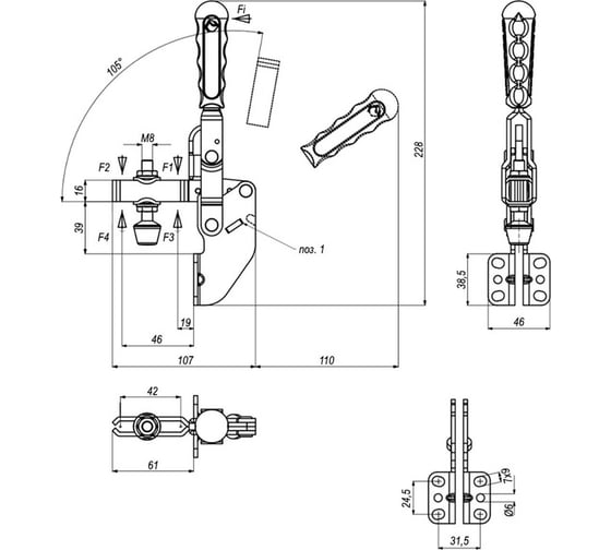 Вертикальный прижим KUKAMET с угловым основанием до 255 кг B213-3