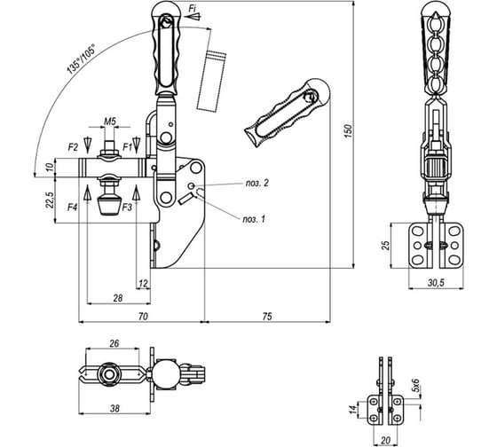 Вертикальный прижим KUKAMET с угловым основанием до 102 кг B213-1