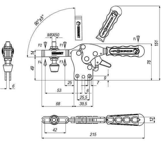 Горизонтальный прижим KUKAMET со стопором до 255 кг B112-3-L