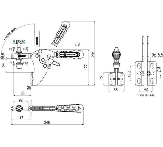 Горизонтальный прижим KUKAMET со стопором до 510 кг B113-5-L