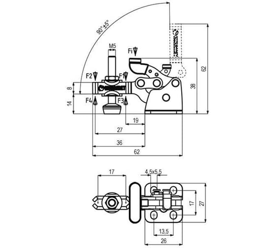 Прижим KUKAMET с Т-образной рукояткой и стопором до 70 кг B251-2-L