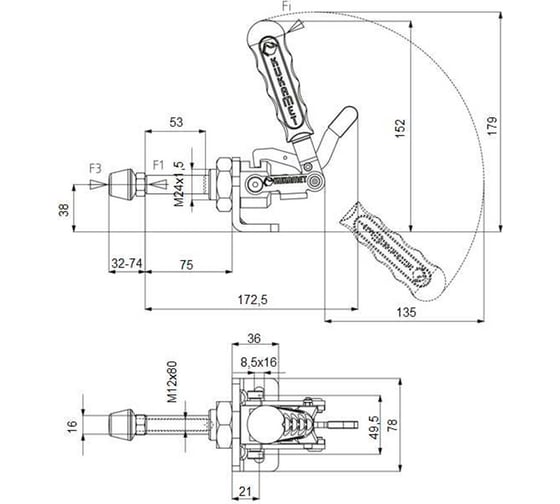 Плунжерный зажим KUKAMET с горизонтальный до 465 кг B511-6