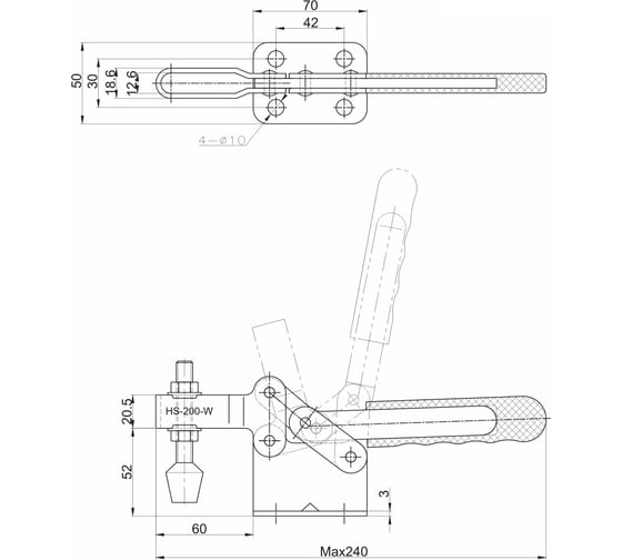 Зажим с горизонтальной рукоятью HS CLAMP HS-200-W