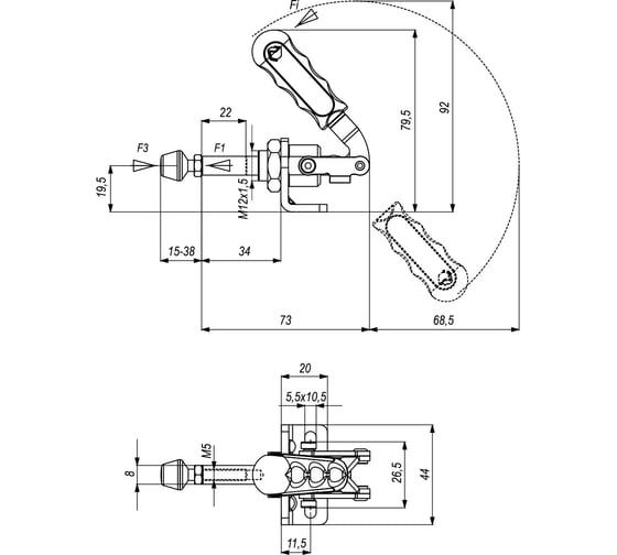 Плунжерный зажим KUKAMET с кронштейном усилие 97 кг Арт. 511-1