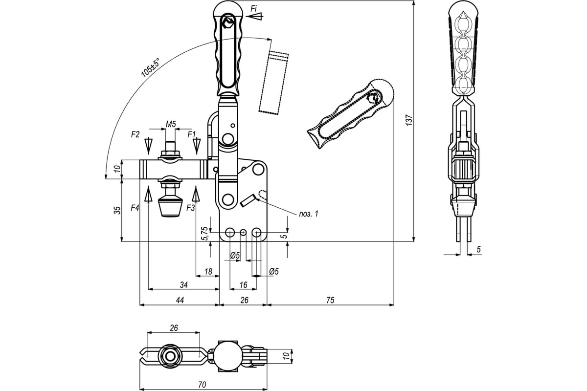 Механический прижим KUKAMET с вертикальным основанием усилие 100 кг 212 ...