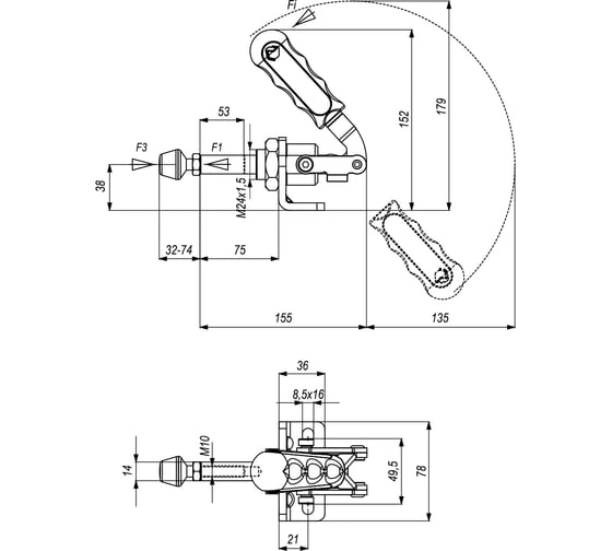 Плунжерный зажим KUKAMET с кронштейном усилие 370 кг Арт. 511-5