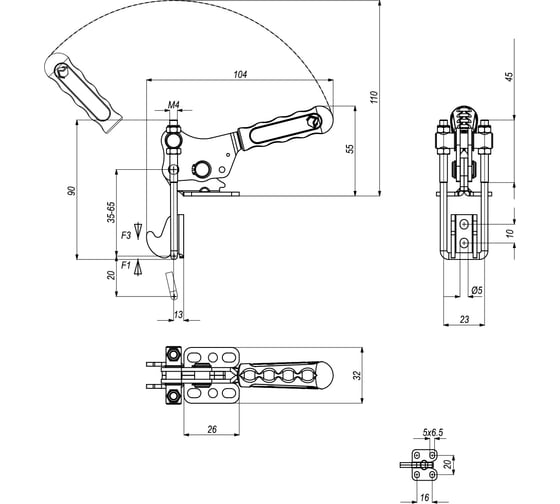 Натяжная защелка KUKAMET вертикальная, усилие 155 кг 351-1
