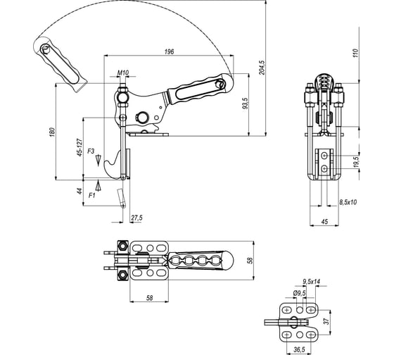 Натяжная защелка KUKAMET вертикальная, усилие 1120 кг 351-5