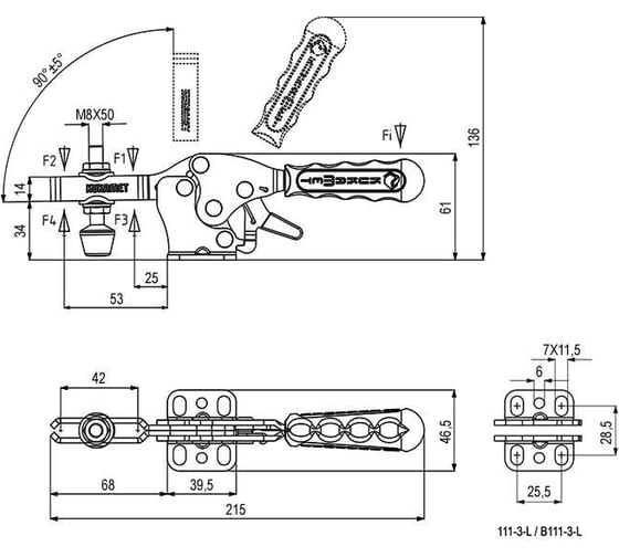 Горизонтальный прижим KUKAMET со стопорной рукояткой усилие 93 кг Арт. B111-3-L
