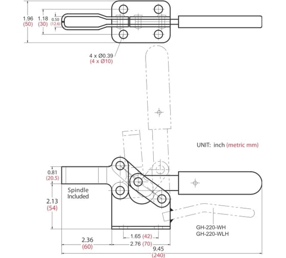 Механический зажим с горизонтальной ручкой, усилие 400кг WOODWORK GH-200-W
