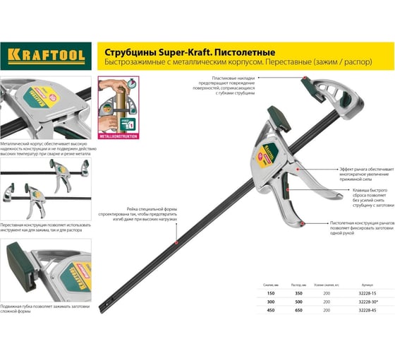 F-струбцина KRAFTOOL DIN 5117, двухкомпонентная ручка, 80x300мм 32011-080-300