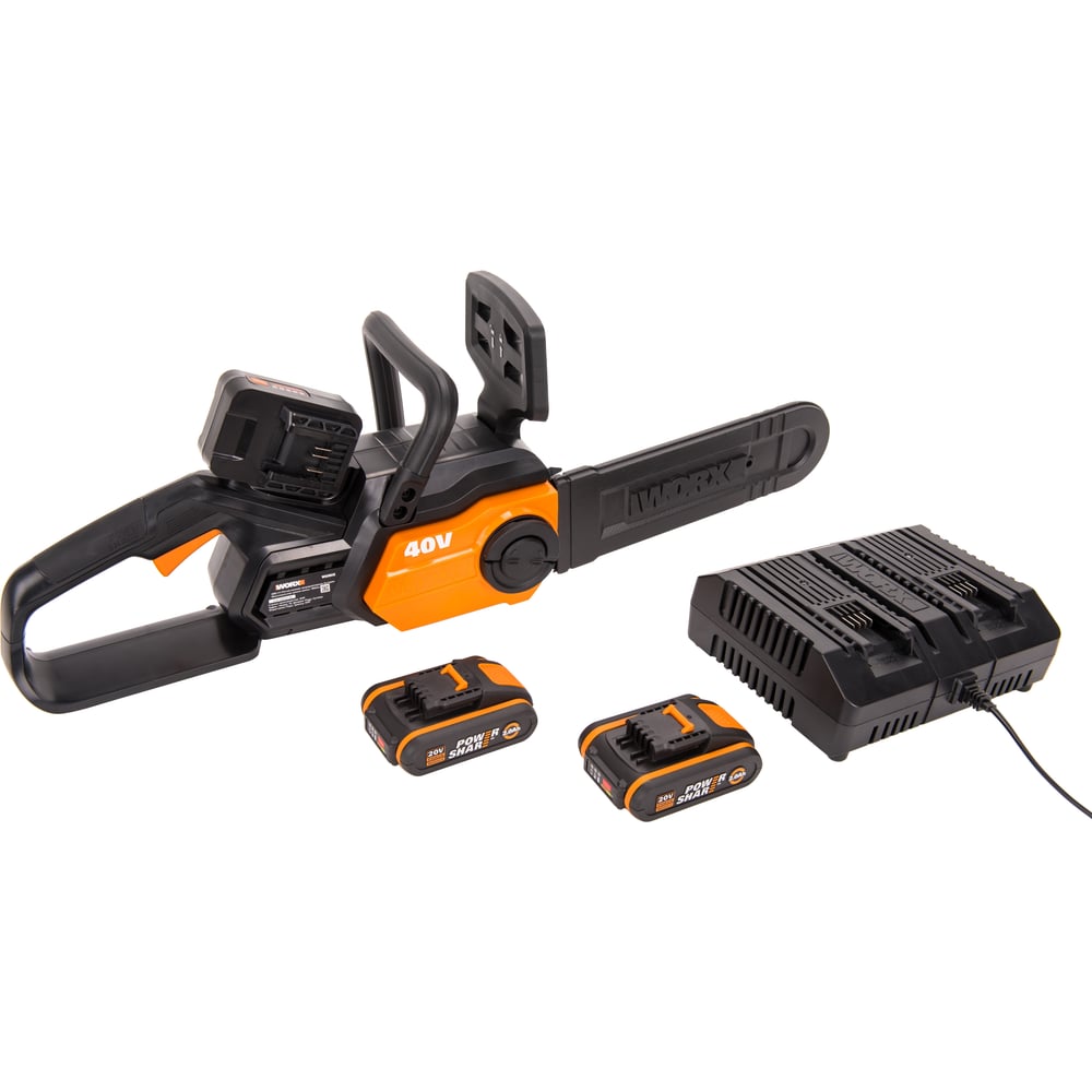 Цепная аккумуляторная пила worx chainsaw 40 в, 2х2.0 а*ч, двойное зу wg381e