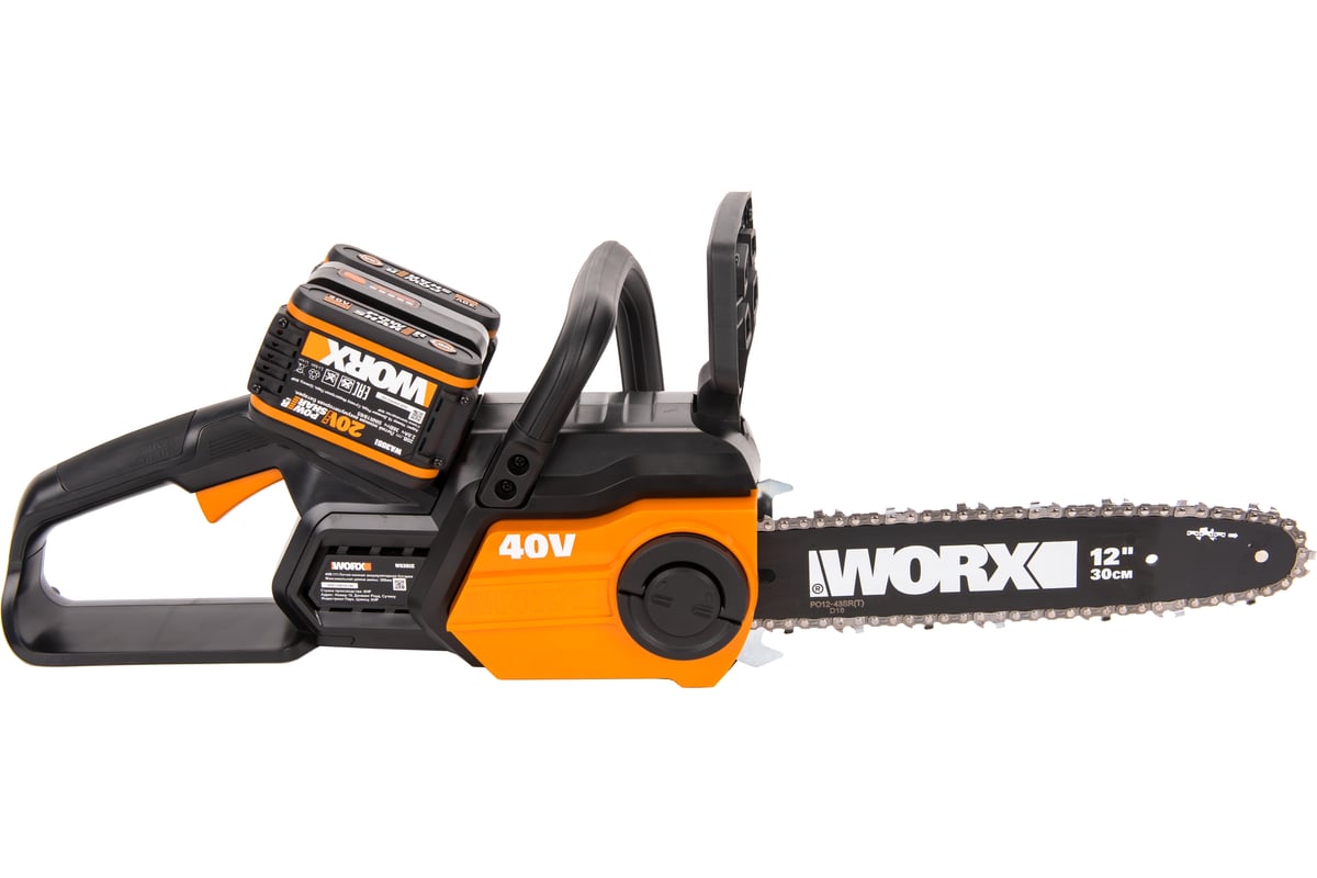 Цепная аккумуляторная пила worx chainsaw 40 в, 2х2.0 а*ч, двойное зу wg381e