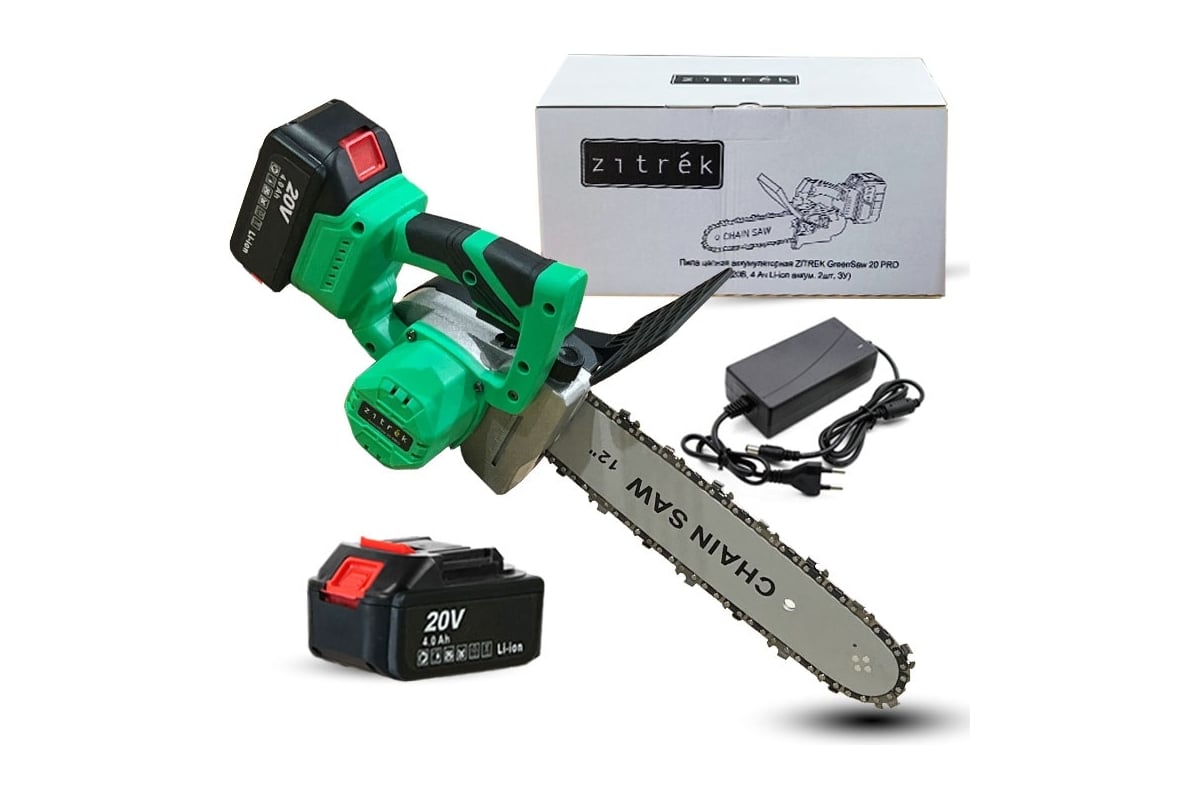 Аккумуляторная цепная пила Zitrek GreenSaw 20 PRO 20 В, 4 Ач, Li-ion  аккумуляторы 2 шт, зарядное устройство 082-1852