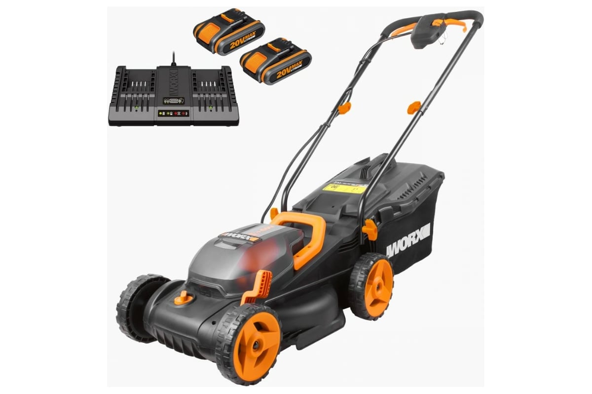 Аккумуляторная газонокосилка WORX 40В, 2х2.5 Ач, двойное ЗУ 2x2A WG779E