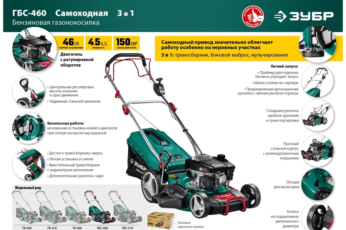 Самоходная бензиновая газонокосилка ЗУБР 460 мм, 4.5 л.с. ГБС-460 ...