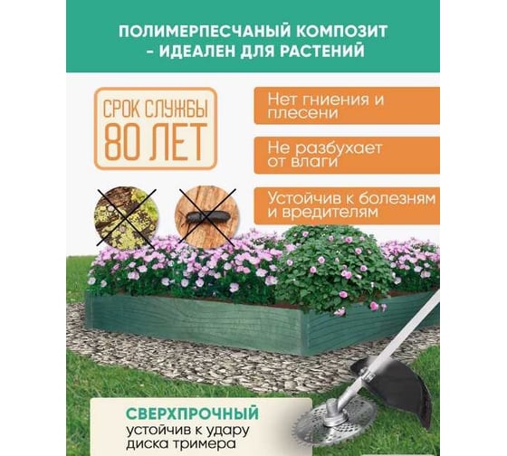 Грядка ППК сверхпрочная NeoКомпозит 100x100x15, с металлическим креплением, зелёная ГРЭМ100х100х15 З
