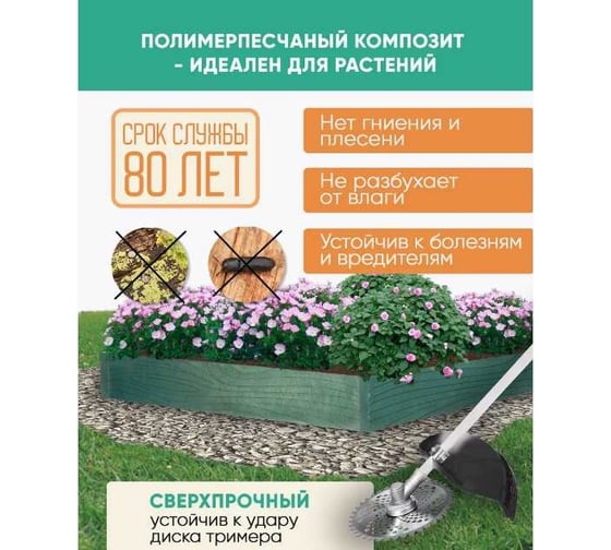 Грядка ППК сверхпрочная NeoКомпозит 100x100x15, с металлическим креплением, зелёная ГРЭМ100х100х15 З