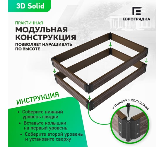 Комплект из 4-х 3D-досок ДПК Еврогрядка 1500x30x225 для грядок и клумб, цвет Венге EGD15-225-3D