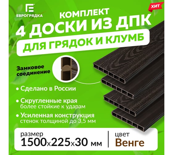 Комплект из 4-х 3D-досок ДПК Еврогрядка 1500x30x225 для грядок и клумб, цвет Венге EGD15-225-3D