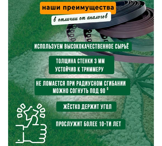 Садовый пластиковый бордюр ГеоПластБорд Манго высота 38 мм, 10 м, 30 кольев 24 см, зелёный GPBG38.10.30.Gr