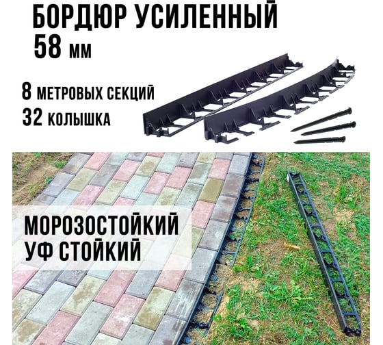 Садовый пластиковый бордюр ГеоПластБорд высота 58 мм, 8 м, 32 колышка, высотка 24 см, черный GPB58.08.32