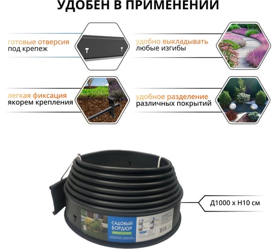 Садовый пластиковый бордюр Gidrolica 10000x20x100 мм, с отверстиями 7303