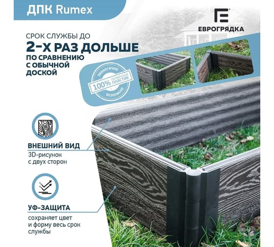 Готовый комплект грядки Еврогрядка rumex из дпк 1500x500x225 мм, цвет венге GEG2-Rumex-Venge