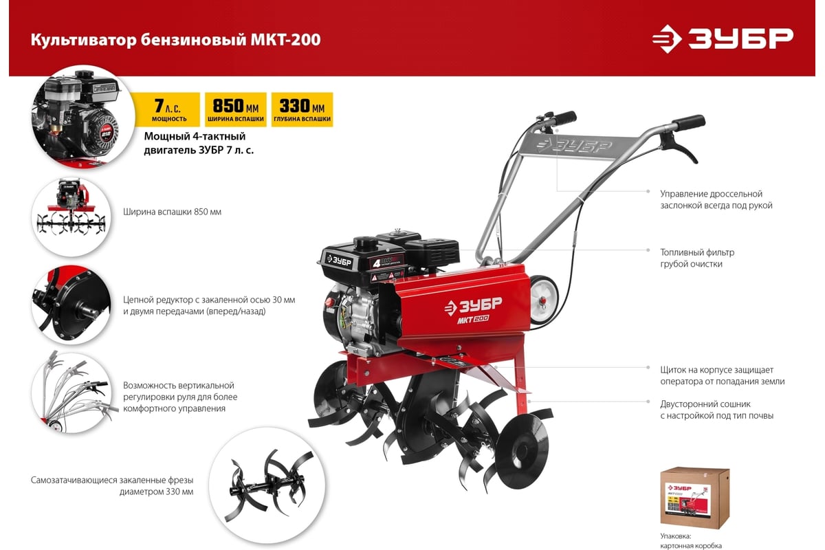 Бензиновый культиватор ЗУБР МКТ-200 - выгодная цена, отзывы,  характеристики, 1 видео, фото - купить в Москве и РФ