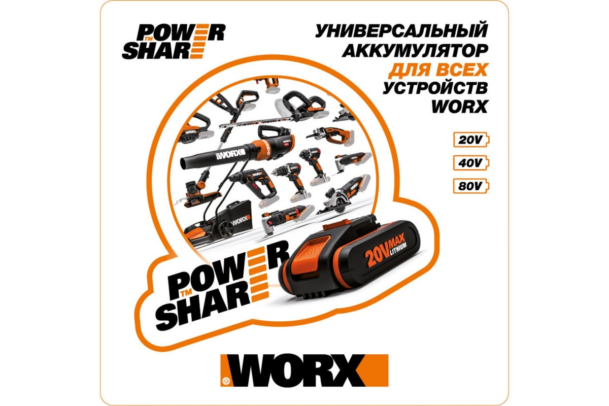 Аккумуляторные ножницы для стрижки травы и кустарников WORX АКБ 1x2 А*ч и  ЗУ, в комплекте с тяпкой WG801E.5 - выгодная цена, отзывы, характеристики,  1 видео, фото - купить в Москве и РФ