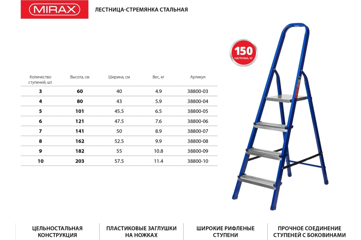 Стальная лестница-стремянка MIRAX 6 ступеней, 121 см 38800-06 - выгодная  цена, отзывы, характеристики, фото - купить в Москве и РФ