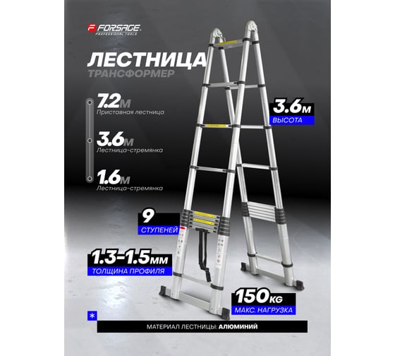 Комбинированная телескопическая алюминиевая двухсекционная лестница Forsage 3.6+3.6 м, 9+9 ступенек f-up360-m 54169