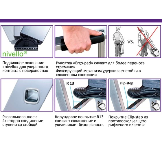 Стремянка MUNK 8 ступеней с покрытием Clip-Step R13 с рукояткой Ergo-pad нагрузка до 250 кг 042708