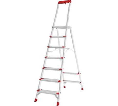 Профессиональная алюминиевая стремянка Новая Высота со ступенями 130 мм, складной площадкой 350×260 мм и органайзером, Max нагр. 225 кг, 2К башмаки, NV 3138 артикул 3138107