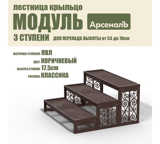 Крыльцо к дому АрсеналЪ 3 ступени Классика ПВЛ (уличная лестница, приступок, входная лестница) серия ARSENAL AVANT мод. AR18V5138H9-06