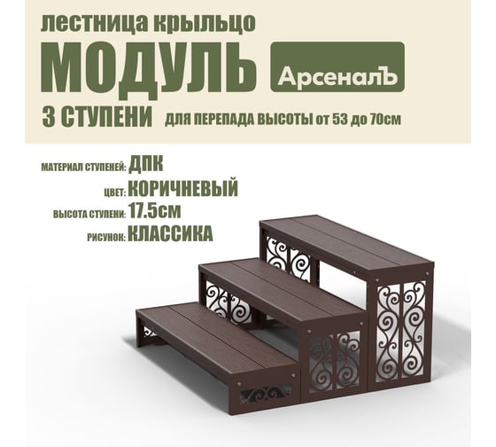 Крыльцо к дому АрсеналЪ 3 ступени Классика ДПК (уличная лестница, приступок, входная лестница) серия ARSENAL AVANT мод. AR18V4138H9-06