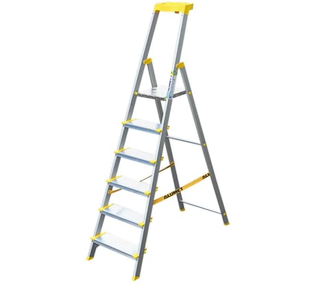 Стремянка алюминиевая Алюмет с анодированным покрытием профессиональная, широкими ступенями 6 ступени и органайзером. Серия AS706AK015