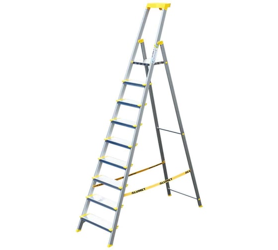 Стремянка алюминиевая Алюмет с анодированным покрытием профессиональная, широкими ступенями 9 ступеней и органайзером. Серия AS709AK015 1