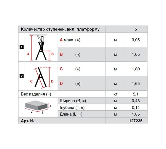 Свободностоящая стремянка, 5 ступеней Krause MONTO SEPURO 127235