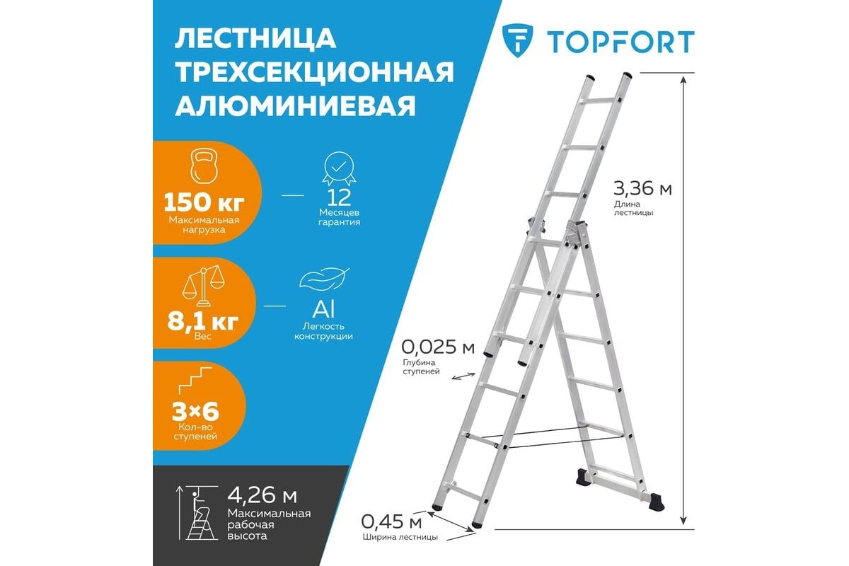 Универсальная алюминиевая трехсекционная лестница Topfort 3x6 ступеней  1688093 - выгодная цена, отзывы, характеристики, фото - купить в Москве и РФ