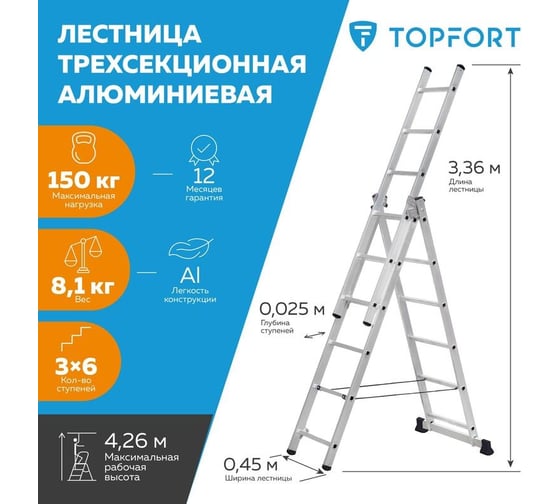 Универсальная алюминиевая трехсекционная лестница Topfort 3x6 ступеней 1688093