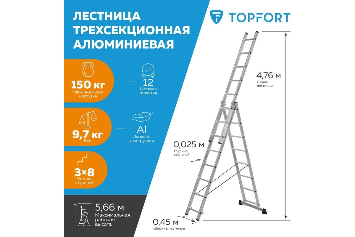 Универсальная алюминиевая трехсекционная лестница Topfort 3x8 ступеней  1717684 - выгодная цена, отзывы, характеристики, фото - купить в Москве и РФ