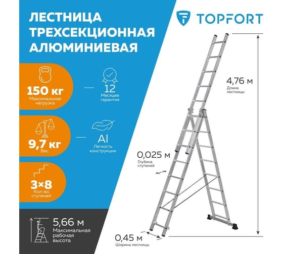 Универсальная алюминиевая трехсекционная лестница Topfort 3x8 ступеней 1717684