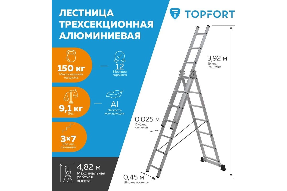 Универсальная алюминиевая трехсекционная лестница Topfort 3x7 ступеней  1688094 - выгодная цена, отзывы, характеристики, фото - купить в Москве и РФ