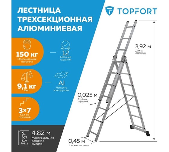 Универсальная алюминиевая трехсекционная лестница Topfort 3x7 ступеней 1688094